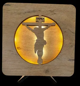 LÁMPARA MADERA CRUCIFICADO. LUZ PARA ORACIÓN. 19X19 CM